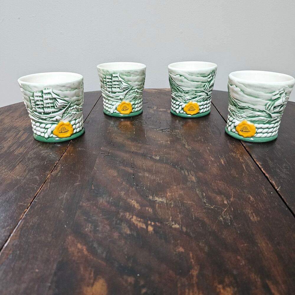Vintage Cutty Sark Cups 1998 Clipper Ships Green WHite Scotch Whiskey Set of 4